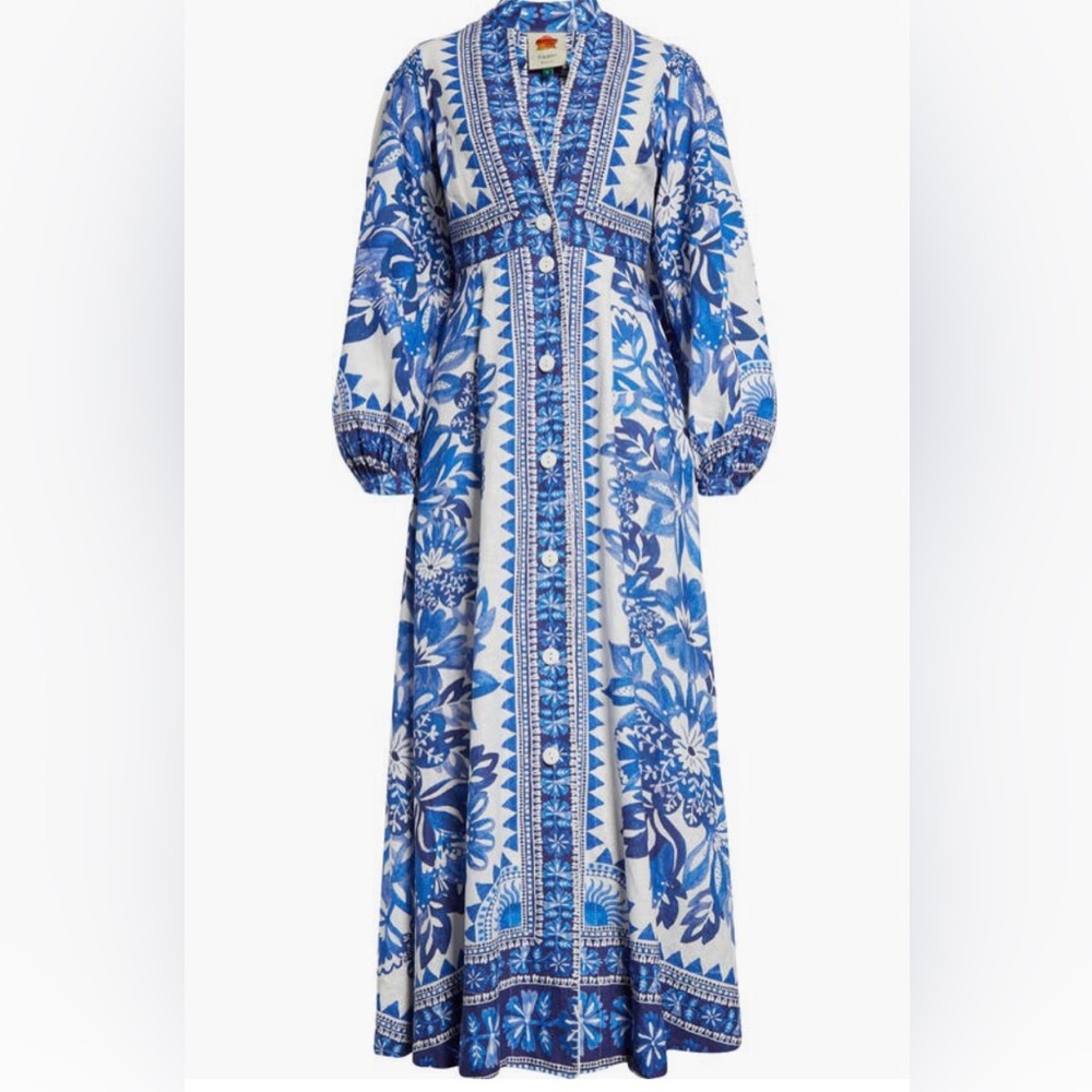 NWT $315 FARM Rio Flora Tapestry Long Sleeve Linen Blend White/Blue Shirtdress! - Picture 5 of 8